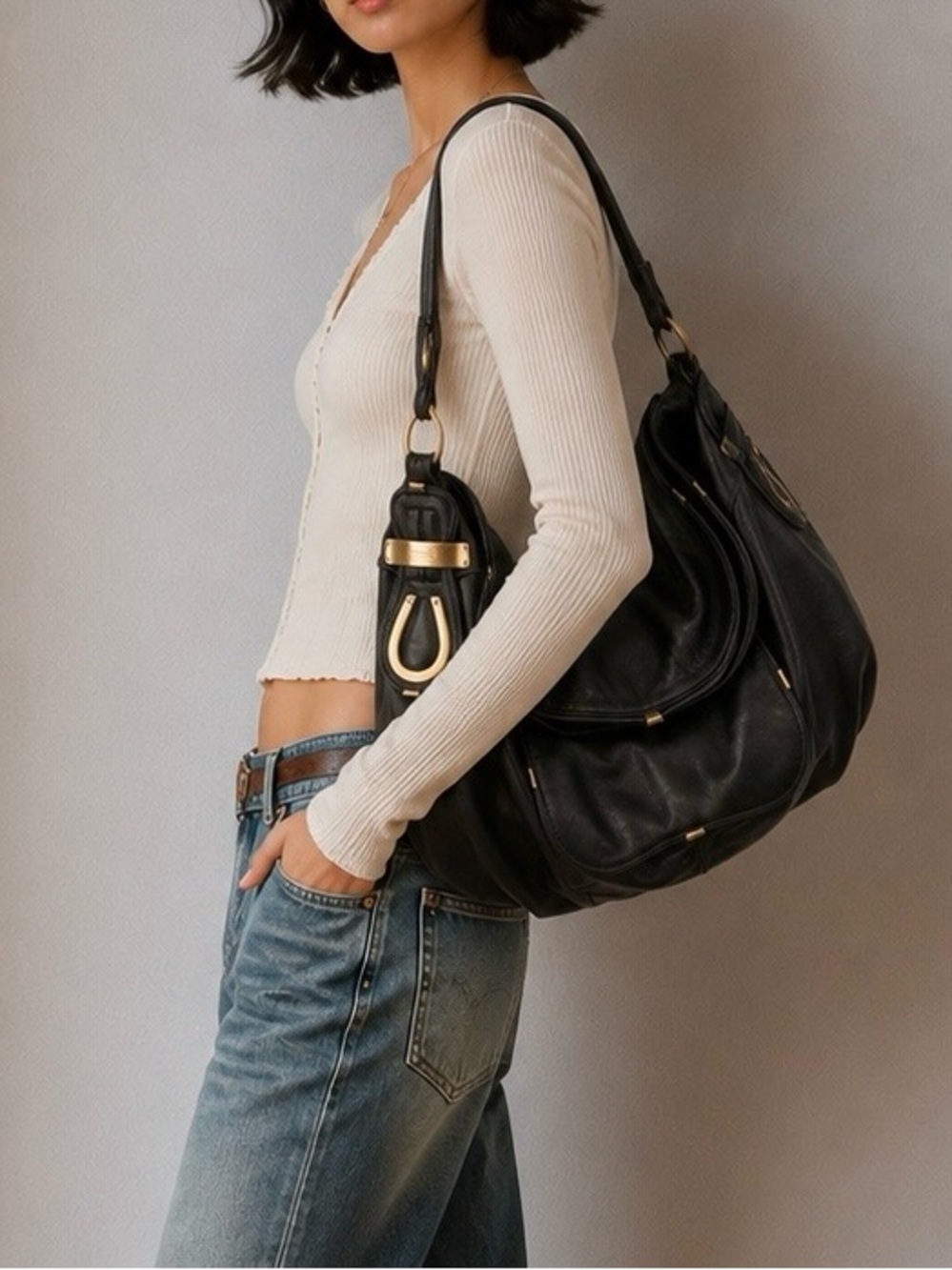 Vintage y2k B. Makowsky Black Leather Slouchy Hobo Bag Boho Shoulder Purse